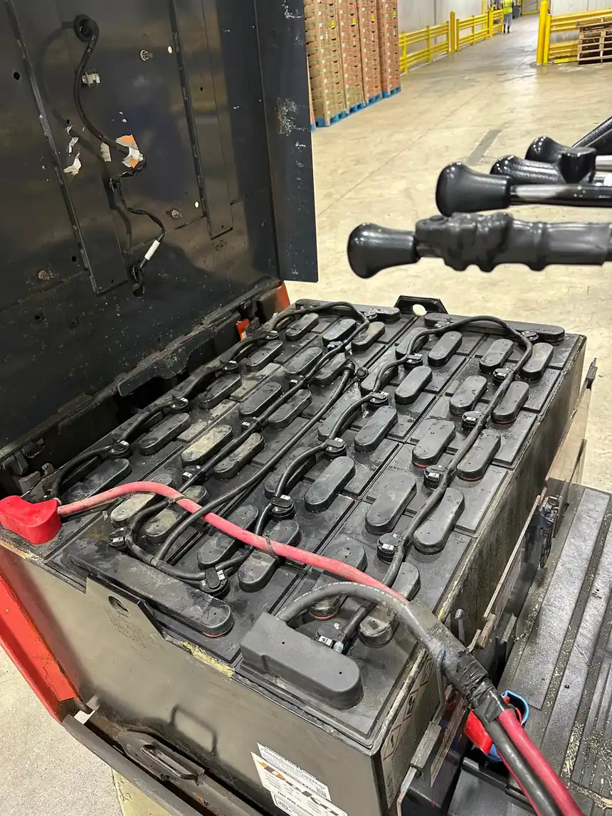 Forklift traction battery serviced and re-cabled, with heavy cabling